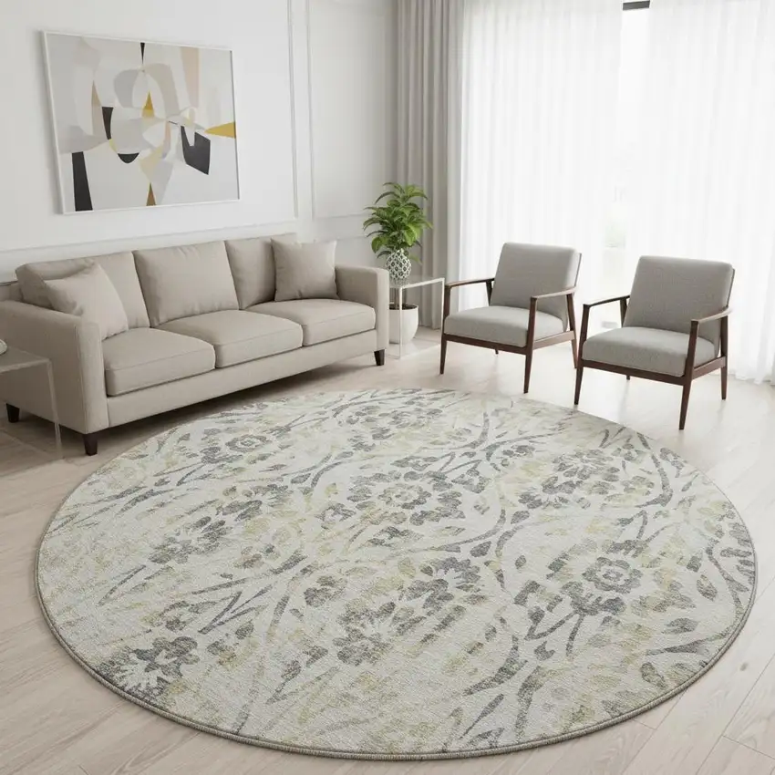 8' Beige Gray And Gold Floral Washable Round Rug With UV Protection Photo 2
