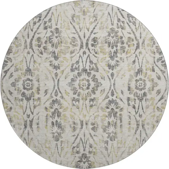 8' Beige Gray And Gold Floral Washable Round Rug With UV Protection Photo 1