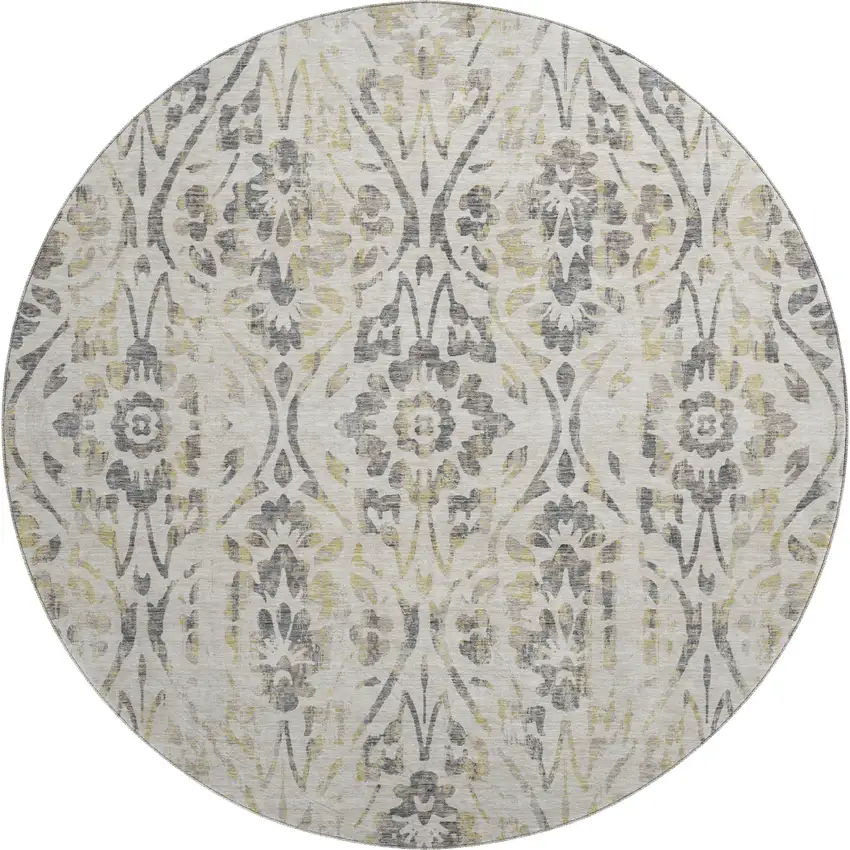 8' Beige Gray And Gold Floral Washable Round Rug With UV Protection Photo 1