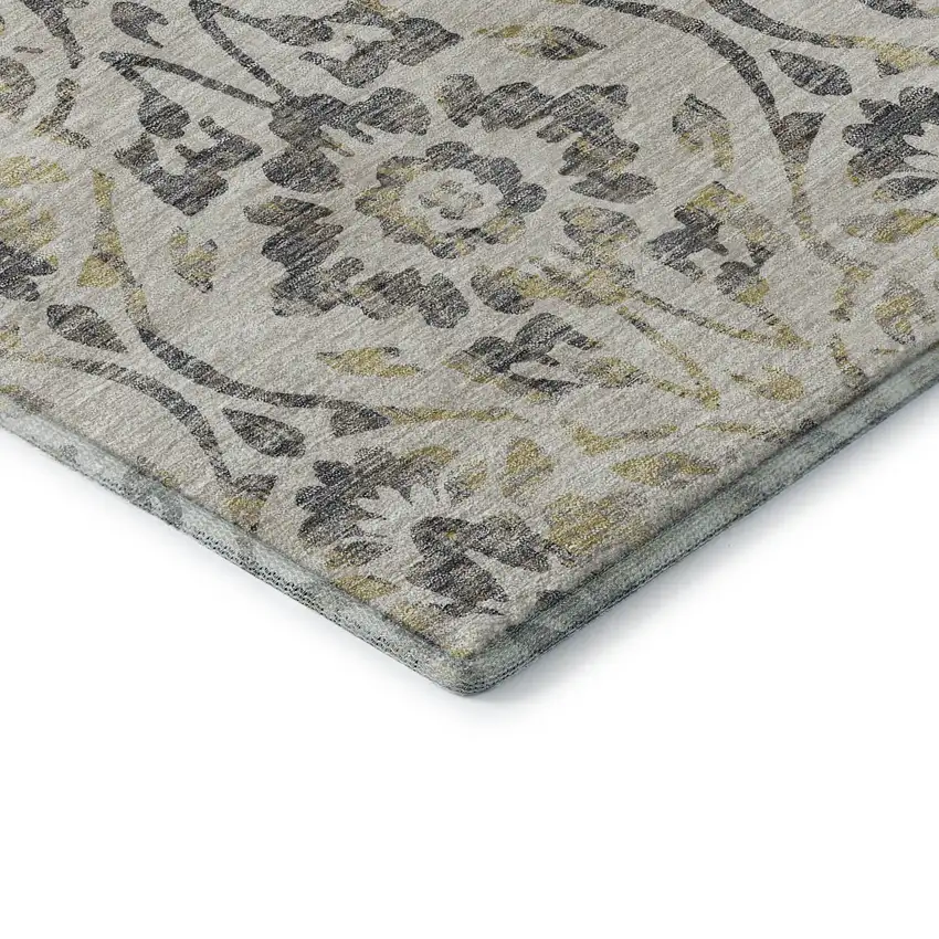 8' Beige Gray And Gold Floral Washable Round Rug With UV Protection Photo 7