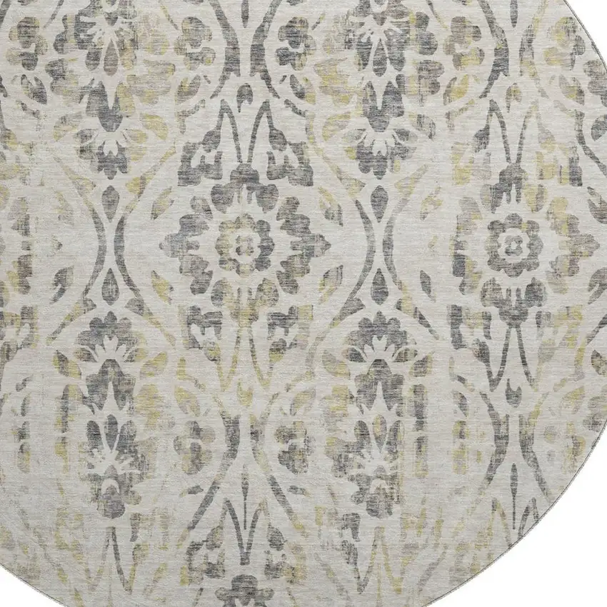 8' Beige Gray And Gold Floral Washable Round Rug With UV Protection Photo 3