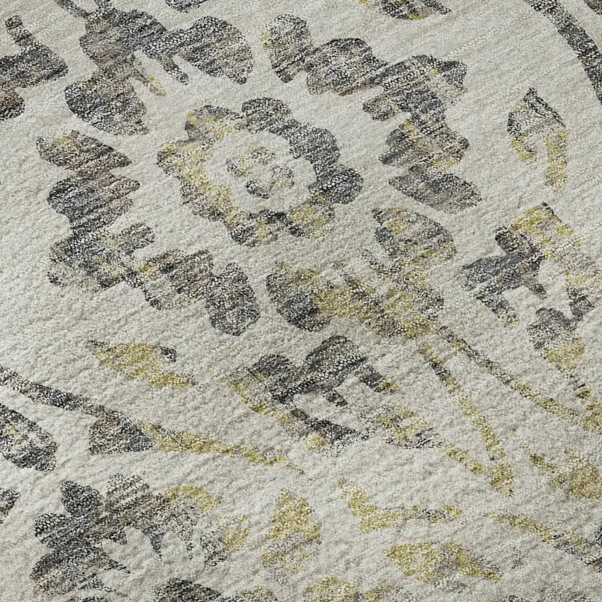 8' Beige Gray And Gold Floral Washable Round Rug With UV Protection Photo 9