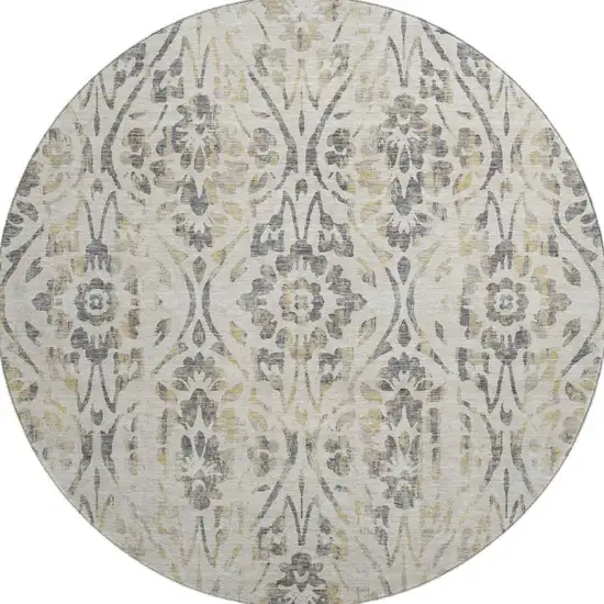 8' Beige Gray And Gold Floral Washable Round Rug With UV Protection Photo 4