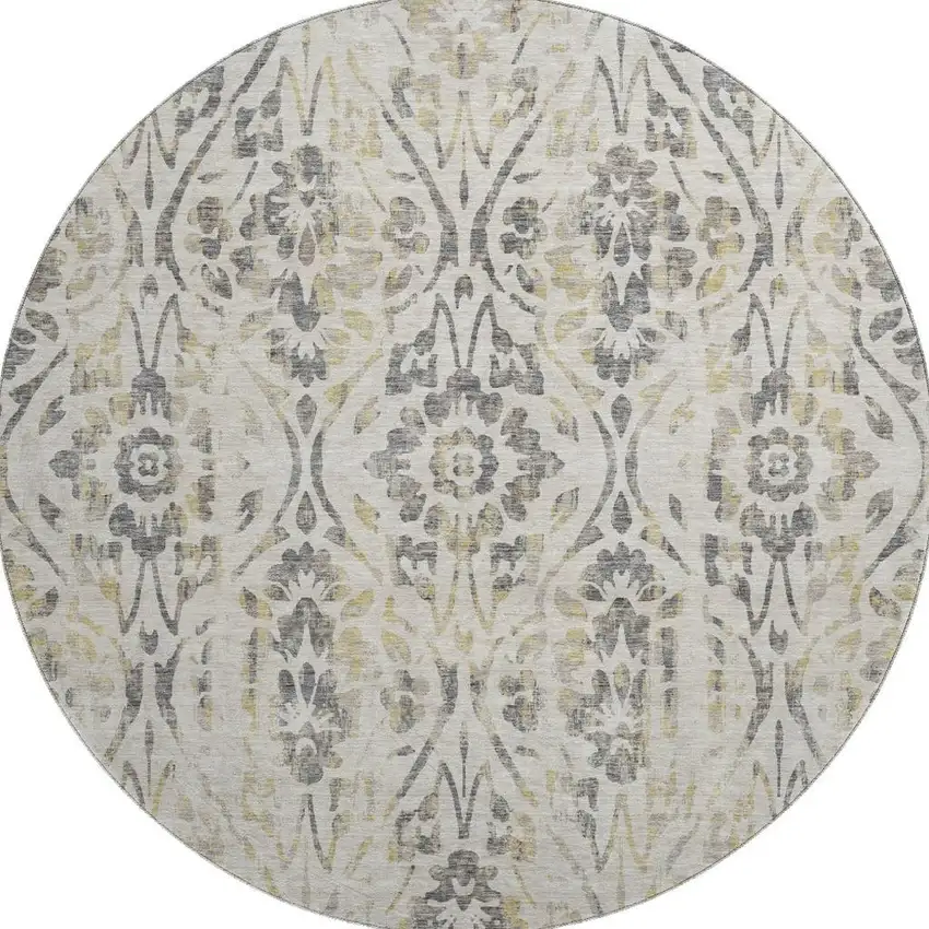 8' Beige Gray And Gold Floral Washable Round Rug With UV Protection Photo 4
