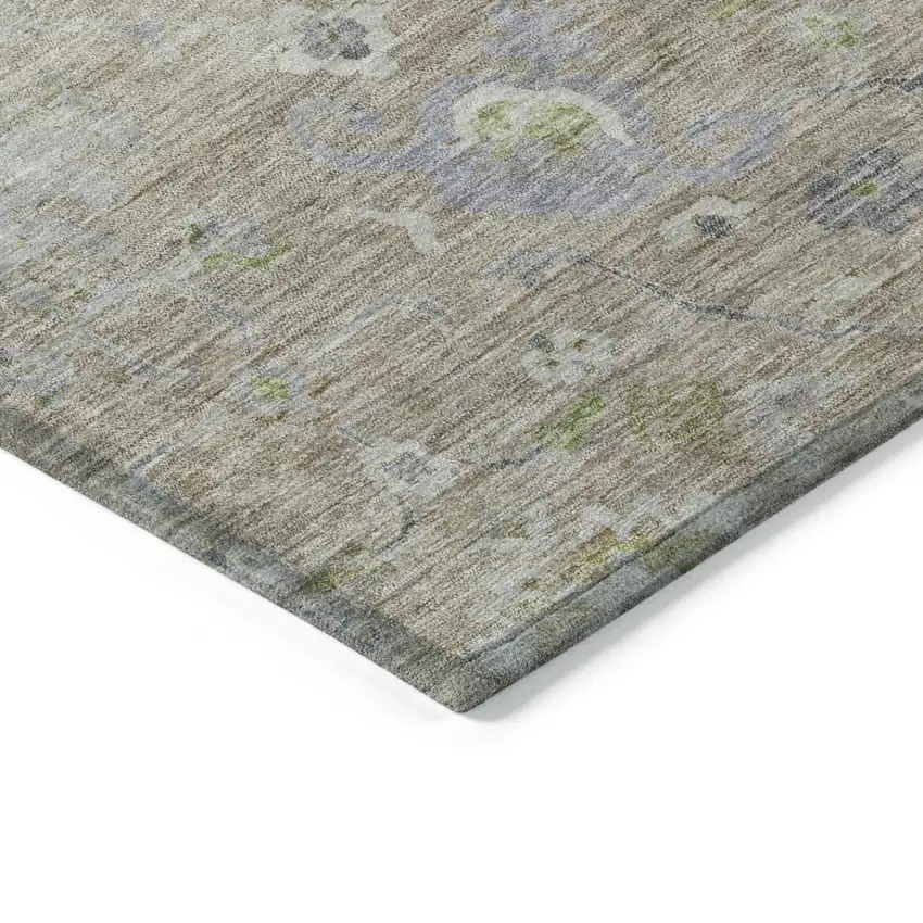 8' Beige Gray And Green Round Floral Washable Indoor Outdoor Area Rug Photo 4