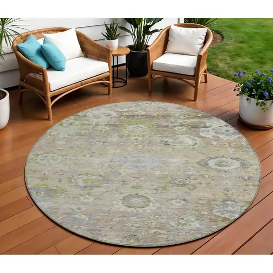 8' Beige Gray And Green Round Floral Washable Indoor Outdoor Area Rug Photo 1