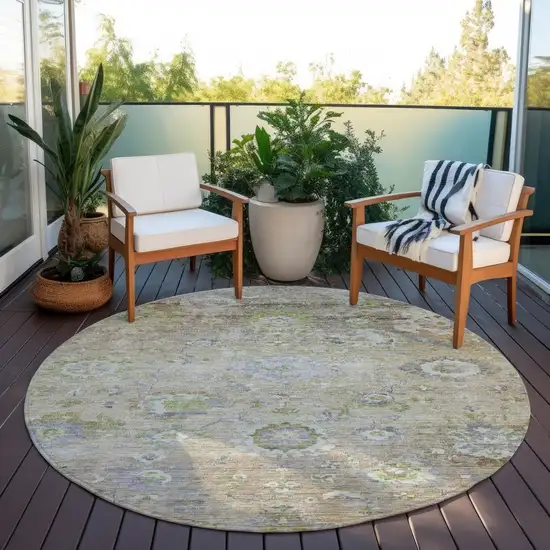 8' Beige Gray And Green Round Floral Washable Indoor Outdoor Area Rug Photo 8