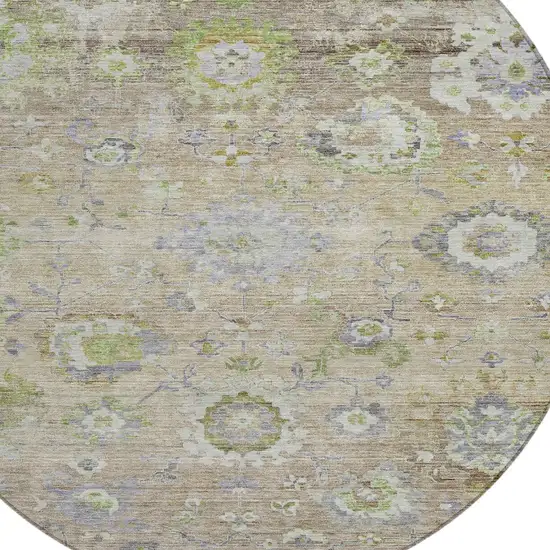 8' Beige Gray And Green Round Floral Washable Indoor Outdoor Area Rug Photo 6