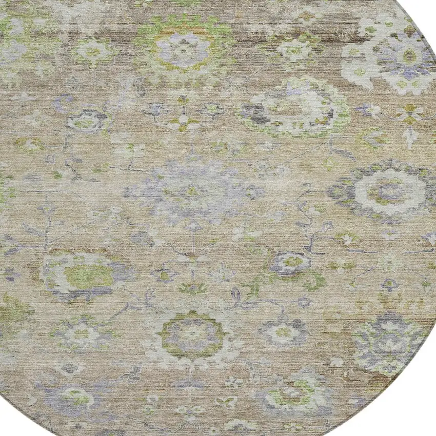 8' Beige Gray And Green Round Floral Washable Indoor Outdoor Area Rug Photo 6