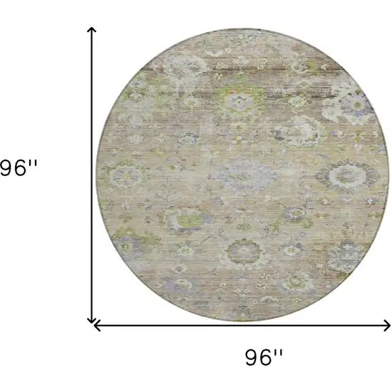 8' Beige Gray And Green Round Floral Washable Indoor Outdoor Area Rug Photo 8