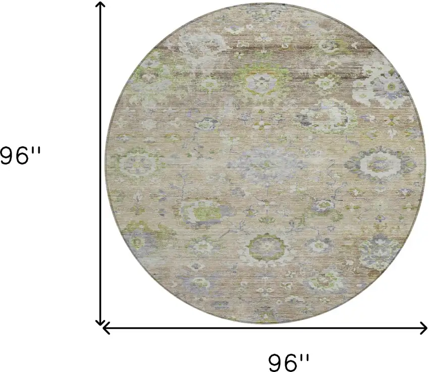 8' Beige Gray And Green Round Floral Washable Indoor Outdoor Area Rug Photo 8