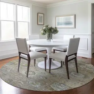 Photo of 8' Beige Gray And Green Round Floral Washable Indoor Outdoor Area Rug