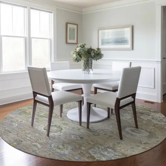8' Beige Gray And Green Round Floral Washable Indoor Outdoor Area Rug Photo 9