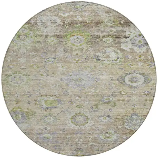 8' Beige Gray And Green Round Floral Washable Indoor Outdoor Area Rug Photo 7