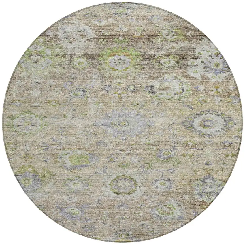 8' Beige Gray And Green Round Floral Washable Indoor Outdoor Area Rug Photo 7