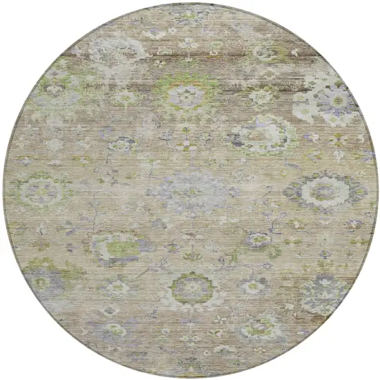 8' Beige Gray And Green Round Floral Washable Indoor Outdoor Area Rug Photo 2