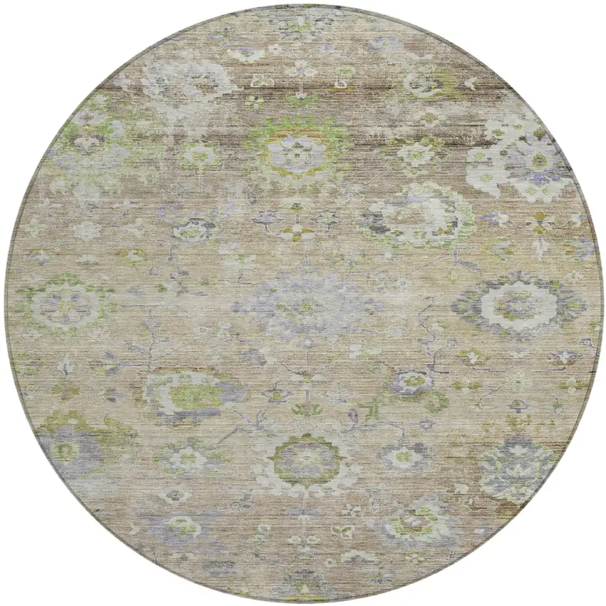 8' Beige Gray And Green Round Floral Washable Indoor Outdoor Area Rug Photo 2
