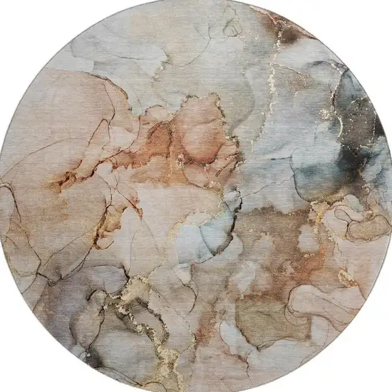 8' Beige Gray And Ivory Abstract Washable Round Rug With UV Protection Photo 3