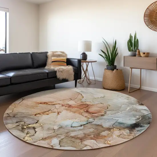8' Beige Gray And Ivory Abstract Washable Round Rug With UV Protection Photo 5