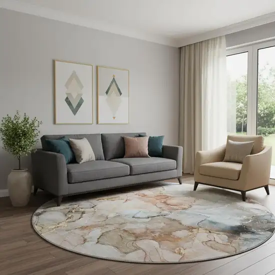 8' Beige Gray And Ivory Abstract Washable Round Rug With UV Protection Photo 1