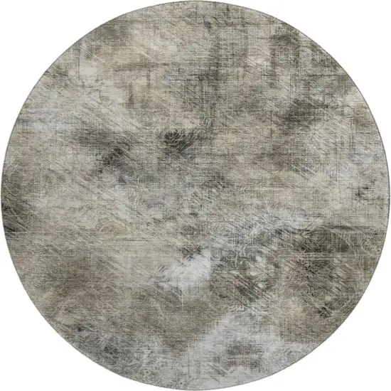 8' Beige Gray And Ivory Abstract Washable Round Rug With UV Protection Photo 1