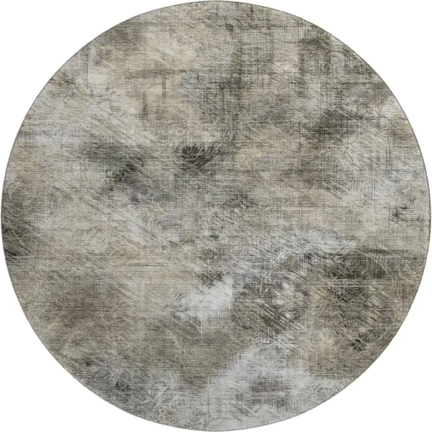 8' Beige Gray And Ivory Abstract Washable Round Rug With UV Protection Photo 1