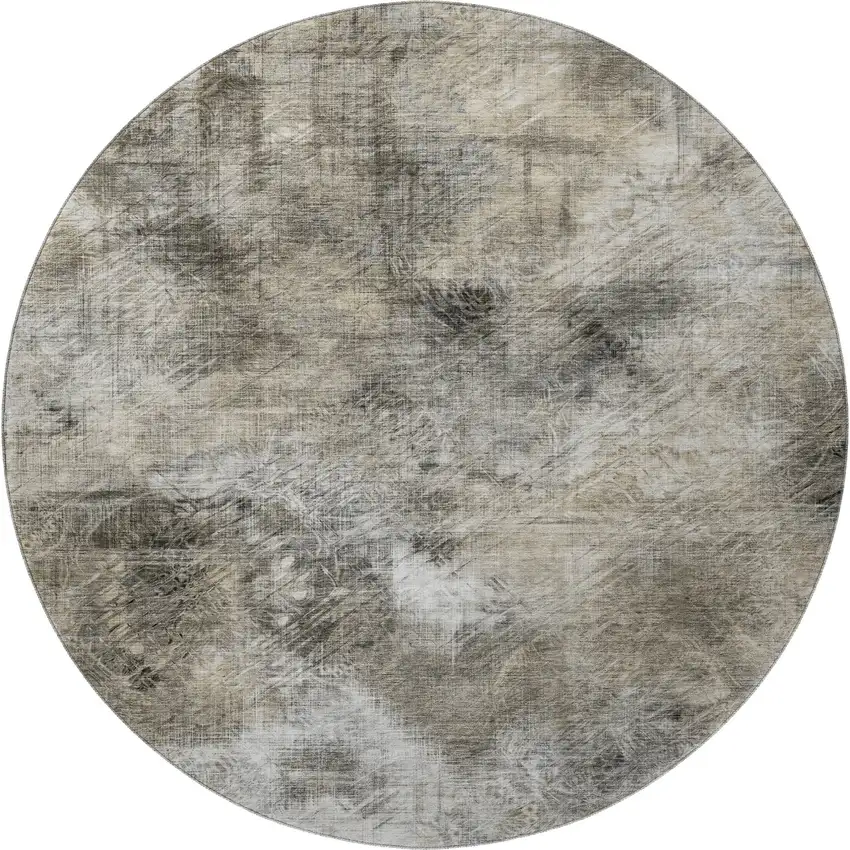 8' Beige Gray And Ivory Abstract Washable Round Rug With UV Protection Photo 3