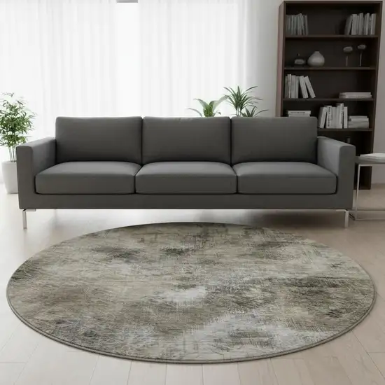 8' Beige Gray And Ivory Abstract Washable Round Rug With UV Protection Photo 2