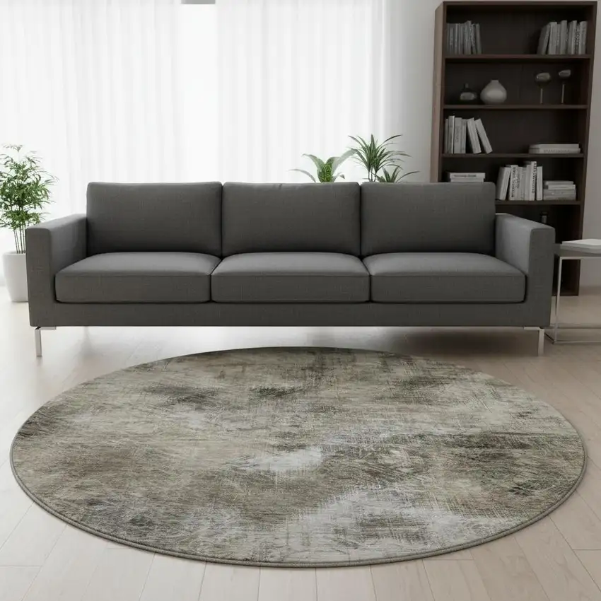 8' Beige Gray And Ivory Abstract Washable Round Rug With UV Protection Photo 2