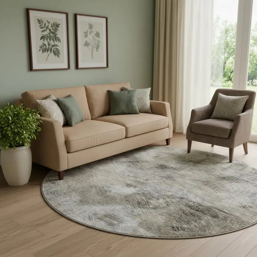 8' Beige Gray And Ivory Abstract Washable Round Rug With UV Protection Photo 1