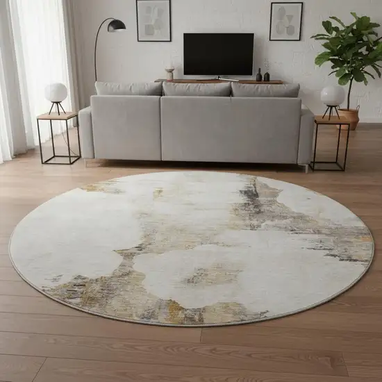 8' Beige Gray And Ivory Abstract Washable Round Rug With UV Protection Photo 2