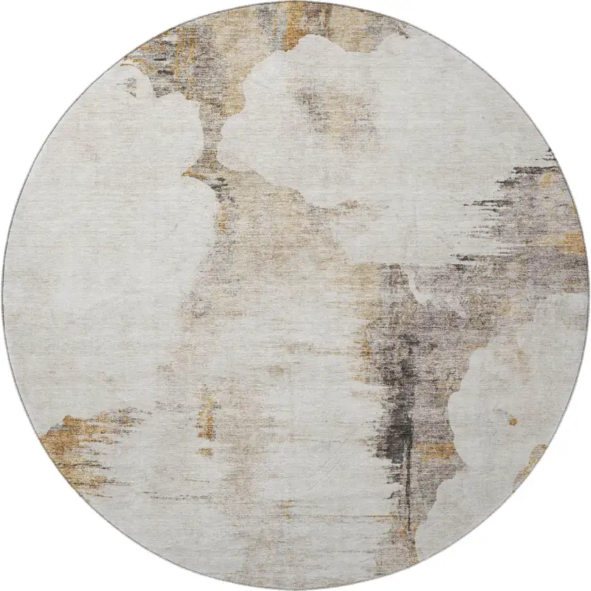 8' Beige Gray And Ivory Abstract Washable Round Rug With UV Protection Photo 4