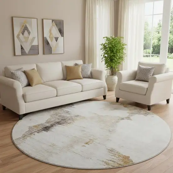 8' Beige Gray And Ivory Abstract Washable Round Rug With UV Protection Photo 1
