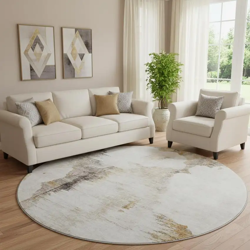 8' Beige Gray And Ivory Abstract Washable Round Rug With UV Protection Photo 1