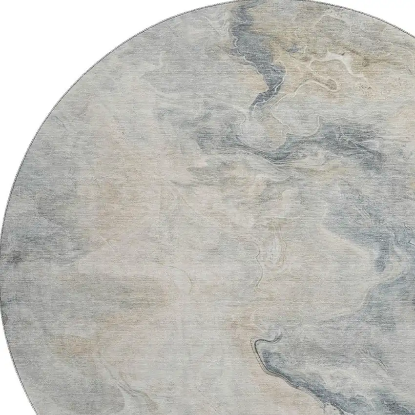 8' Beige Gray And Ivory Abstract Washable Round Rug With UV Protection Photo 2