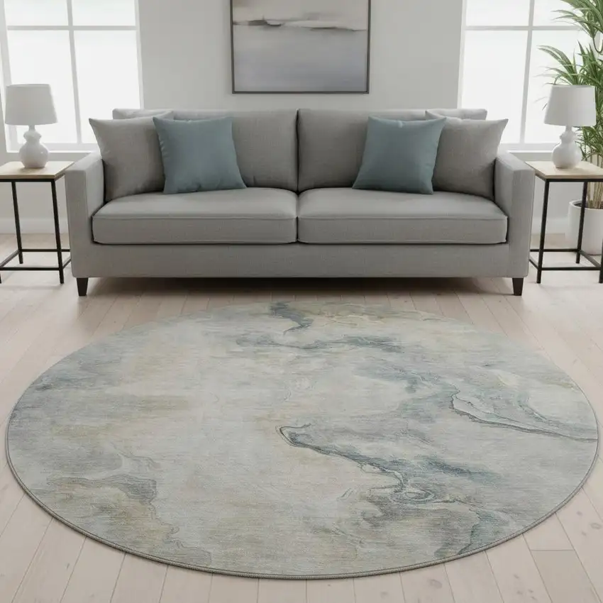 8' Beige Gray And Ivory Abstract Washable Round Rug With UV Protection Photo 2