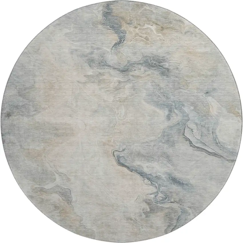 8' Beige Gray And Ivory Abstract Washable Round Rug With UV Protection Photo 1
