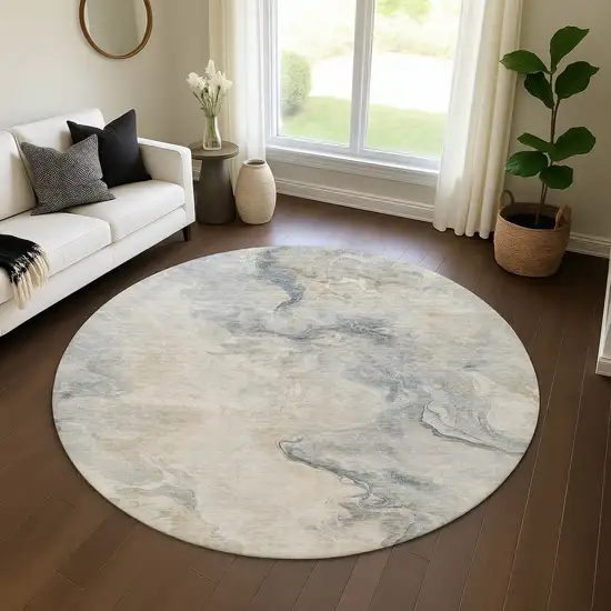 8' Beige Gray And Ivory Abstract Washable Round Rug With UV Protection Photo 4