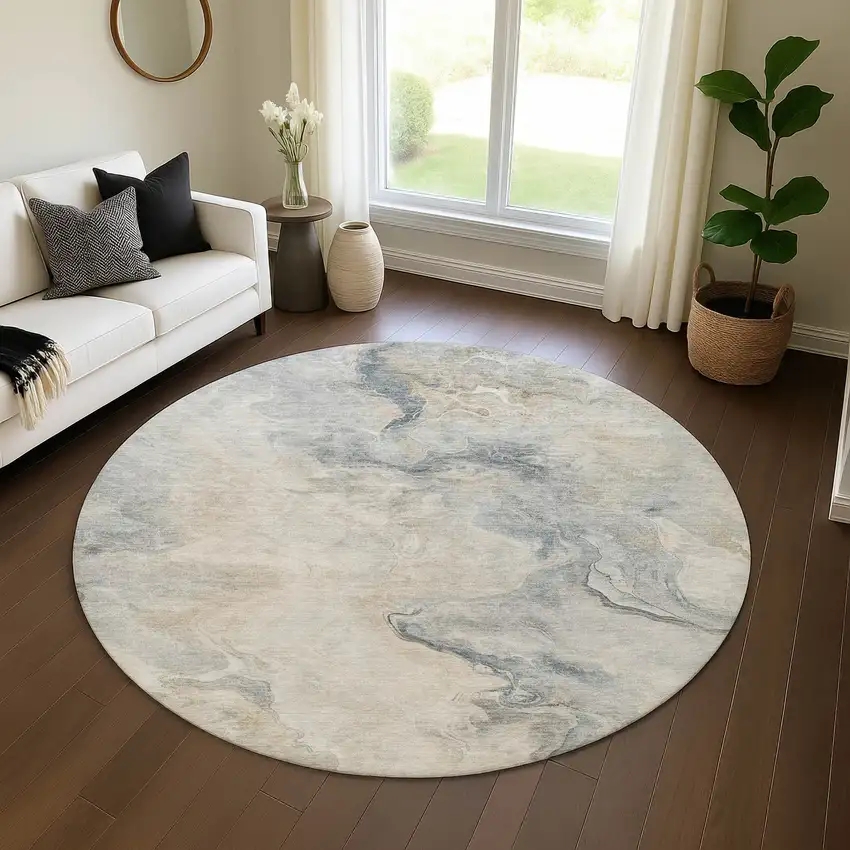 8' Beige Gray And Ivory Abstract Washable Round Rug With UV Protection Photo 4