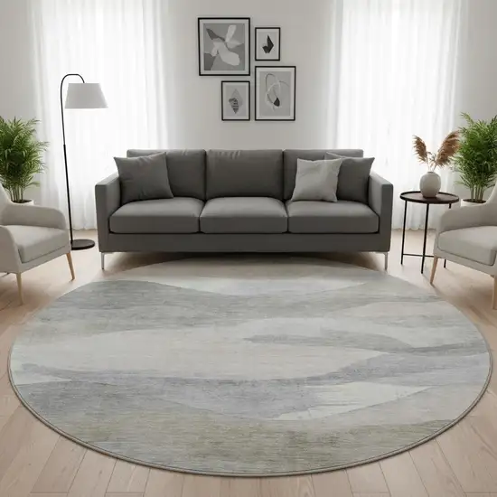 8' Beige Gray And Ivory Abstract Washable Round Rug With UV Protection Photo 2