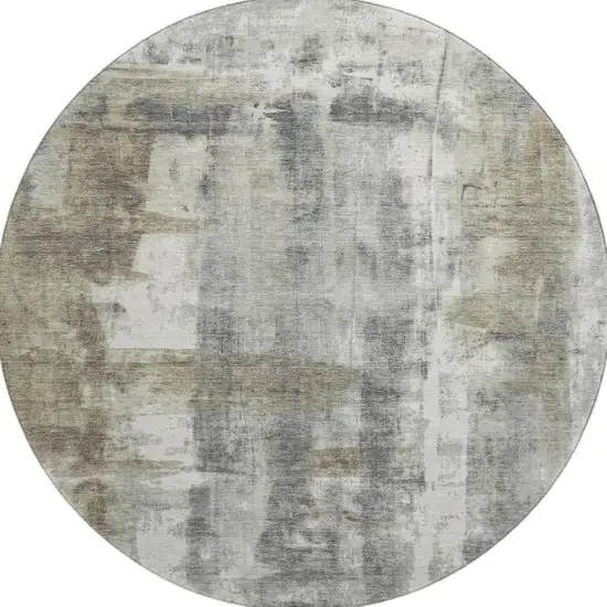 8' Beige Gray And Ivory Abstract Washable Round Rug With UV Protection Photo 4