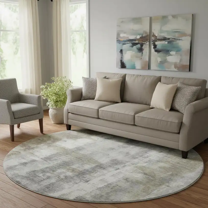 8' Beige Gray And Ivory Abstract Washable Round Rug With UV Protection Photo 2