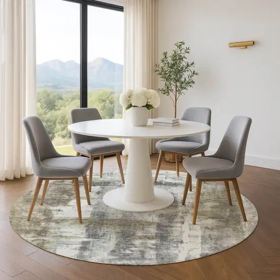 8' Beige Gray And Ivory Abstract Washable Round Rug With UV Protection Photo 5