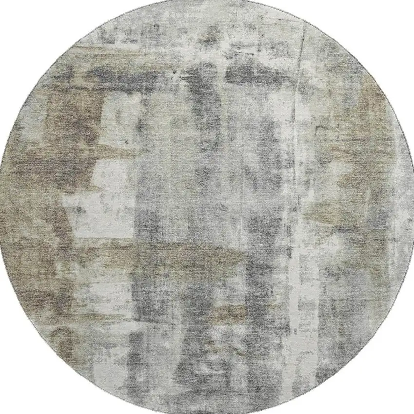 8' Beige Gray And Ivory Abstract Washable Round Rug With UV Protection Photo 4