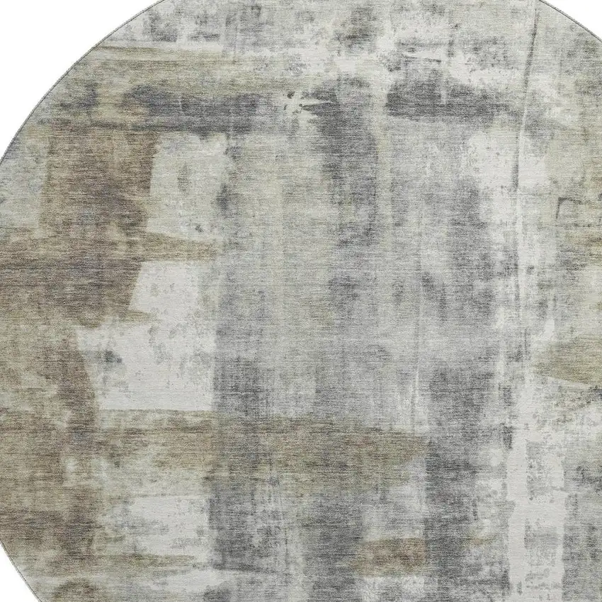 8' Beige Gray And Ivory Abstract Washable Round Rug With UV Protection Photo 3