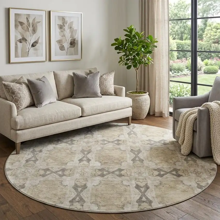 8' Beige Gray And Ivory Floral Medallion Washable Round Rug With UV Protection Photo 1