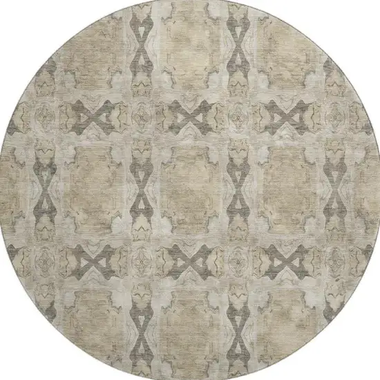 8' Beige Gray And Ivory Floral Medallion Washable Round Rug With UV Protection Photo 4