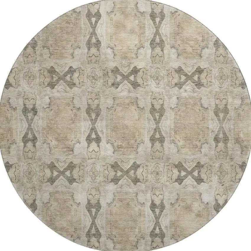 8' Beige Gray And Ivory Floral Medallion Washable Round Rug With UV Protection Photo 4