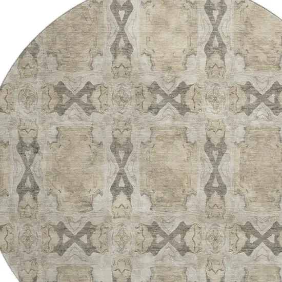 8' Beige Gray And Ivory Floral Medallion Washable Round Rug With UV Protection Photo 3