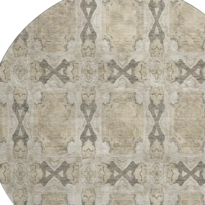 8' Beige Gray And Ivory Floral Medallion Washable Round Rug With UV Protection Photo 3